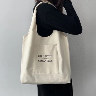 Túi tote đi học nữ vải Canvas hàn quốc giá rẻ có túi nhỏ trước in Life is better