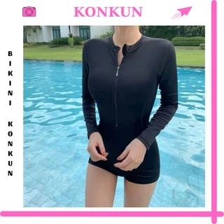 [Có Size] Bikini Đồ Bơi Liền Thân Màu Đen Khóa Kéo Dáng Đùi Kín Đáo KONKUN MS-85