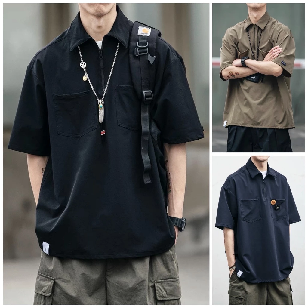Áo sơ mi Khóa kéo tay ngắn nam nữ unisex form rộng tay lỡ basic, chất vải kaki cao cấp, đi chơi, đi làm ZIPPER