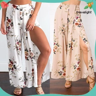 Quần Culottes Palazzo Lưng Cao Ống Rộng Xẻ Tà In Họa Tiết Hoa Phong Cách Boho Thời Trang Đi Biển