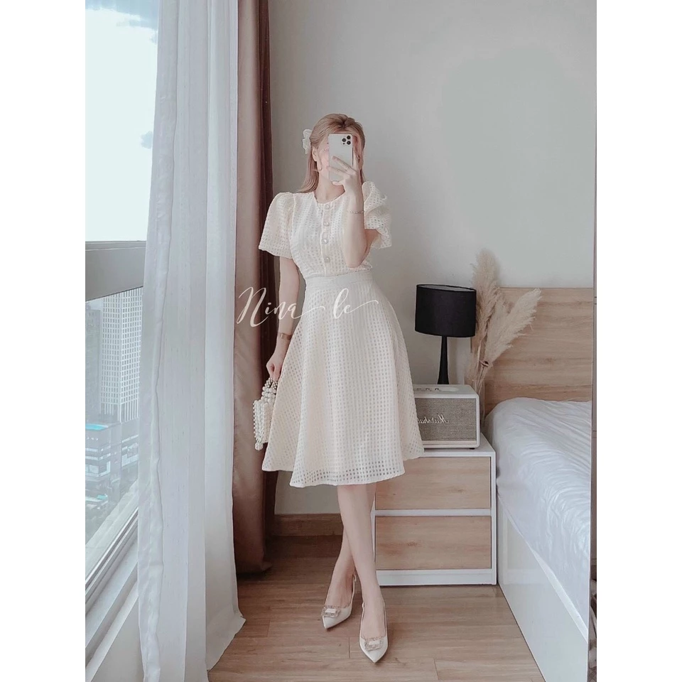 [8.8 Sales Freeship] Set áo croptop tay bồng + chân váy midi dài lưới,set váy lưới cổ tròn phối nút, váy xòe sang chảnh