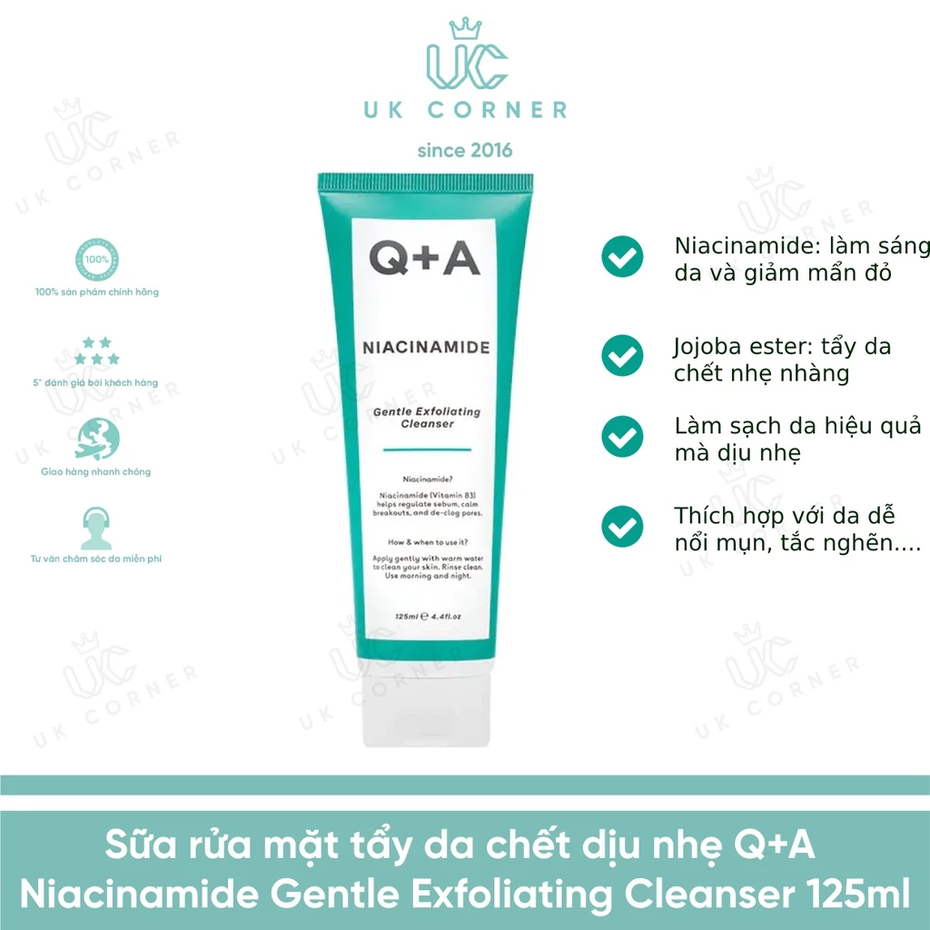 [Bill UK] Sữa rửa mặt tẩy da chết dịu nhẹ Q+A Niacinamide Gentle Exfoliating Cleanser 125ml