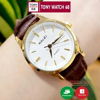 Đồng hồ cặp đôi nam nữ Halei viền vàng dây da siêu mỏng Tony Watch 68