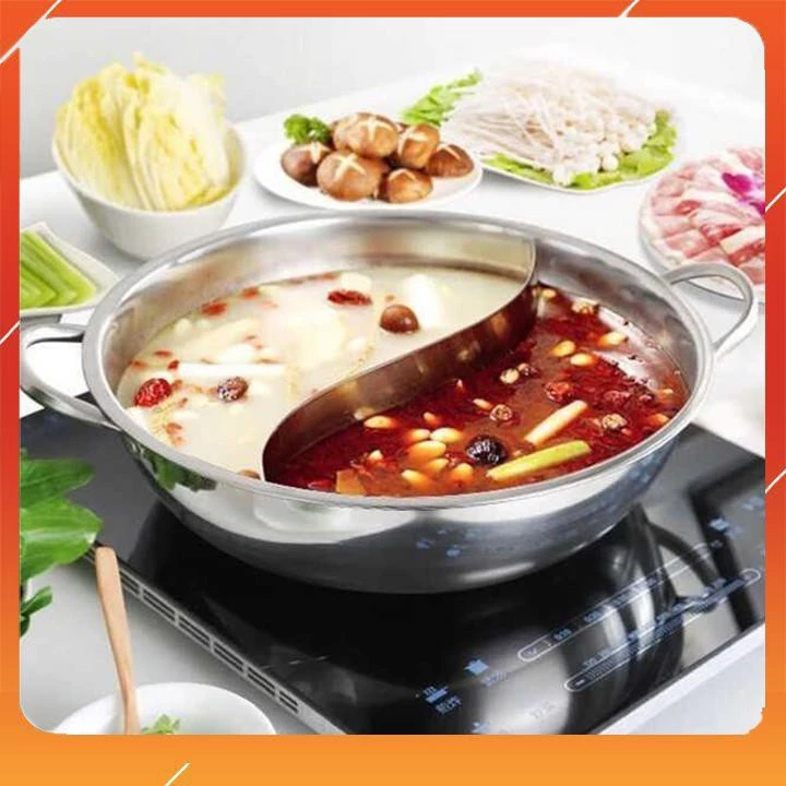NỒI LẨU INOX 2 NGĂN 32 CM DÙNG ĐƯỢC CẢ BẾP TỪ BẾP GA, BỘ KÈM VUNG KÍNH  [HÀNG ĐẸP]