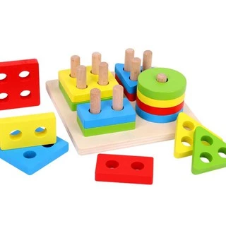 ĐỒ CHƠI GỖ MONTESSORI THẢ HÌNH 4 CỌC HÌNH KHỐI