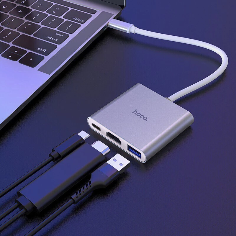 Cổng chuyển đổi 3in1 sang 3 cổng Hdmi & USB 3.0 & Type c Hoco HB14 chính hãng