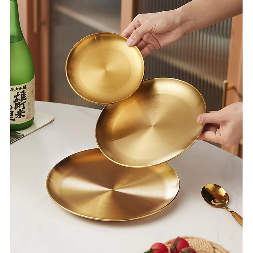 Dĩa Tròn INOX Hàn Quốc Đựng Salad, Mì Ý, Thức Ăn (màu vàng, bạc)