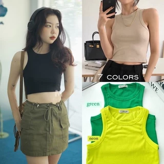 Áo Tank Top / Balo Nữ Croptop Kiểu Ôm Cotton Gân Co Dãn Màu Xanh Lá Đen Minipie