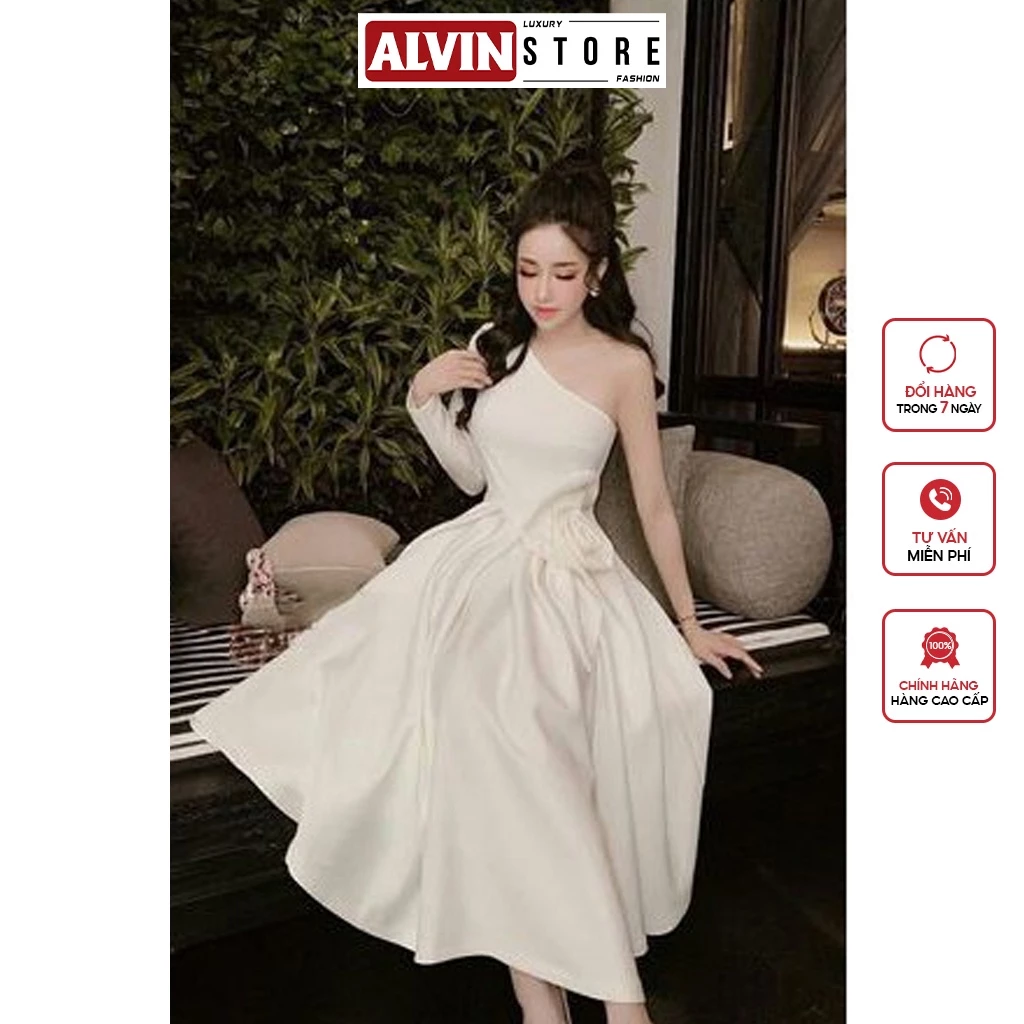 Đầm Xoè Kiểu Tay Dài Lệch Vai Hoa Eo Sang Trọng, Quý Phái Alvin Store 1440E