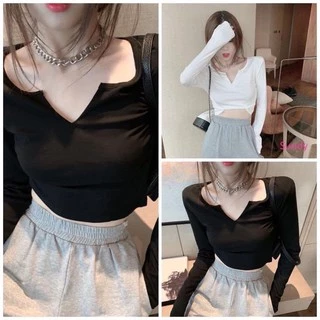 Áo croptop tay dài cổ chữ V thiết kế ôm sát