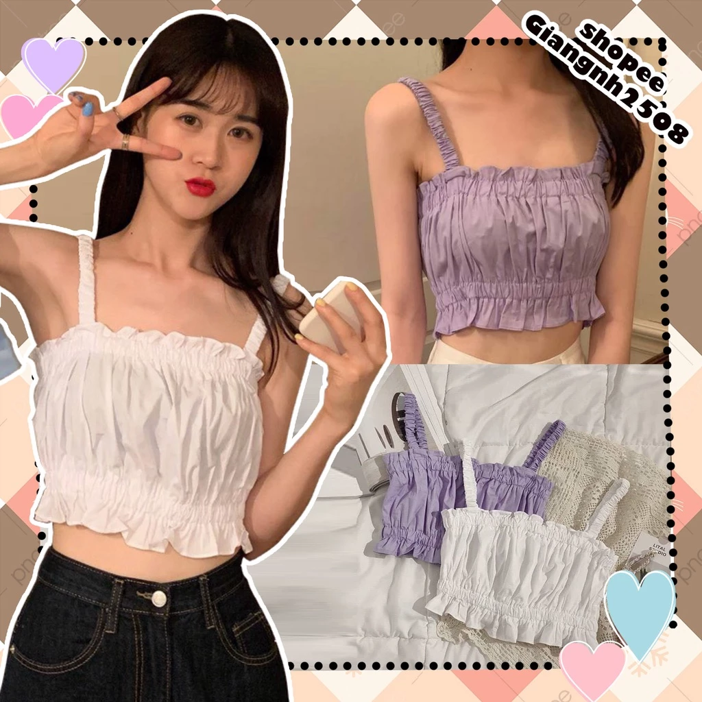 A015 Áo hai dây nhún ngực viền bèo công chúa cute sexy croptop ôm thân trắng tím, áo crt hai dây ba lỗ bánh bèo Ulzzang