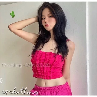 Áo kiểu 2 dây croptop viền bèo đứng cực xinh , chất thun gân mềm mịn