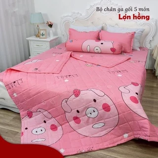 [sét 3 món] Bộ ga gối poly cotton mẫu lợn hồng