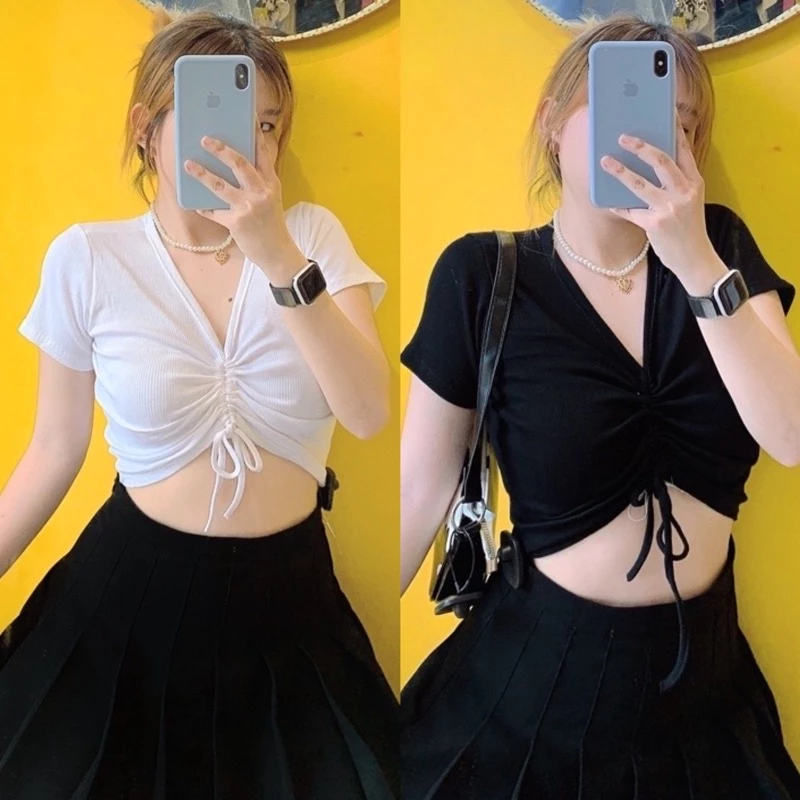 Áo croptop rút dây giữa gân co giãn siêu đẹp 🦋 [FREESHIP] Áo Croptop Tay Ngắn TRẮNG ĐEN BASIC