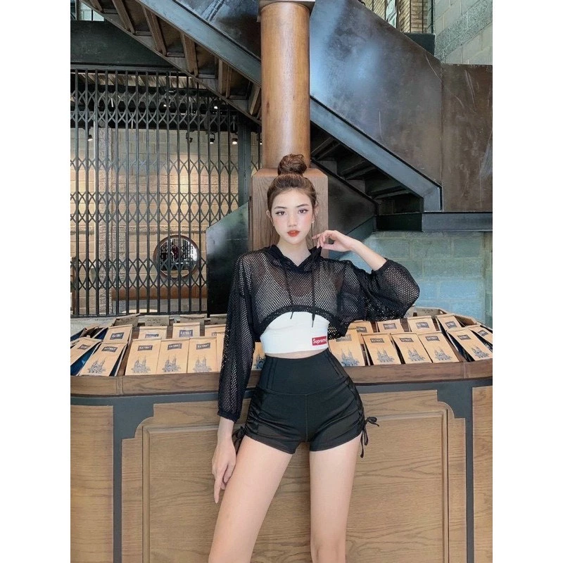 Áo Croptop Thể Thao Vải Lưới Có Nón Tay Dài Mặc Ngoài Bra Tập Gym Yoga Nữ