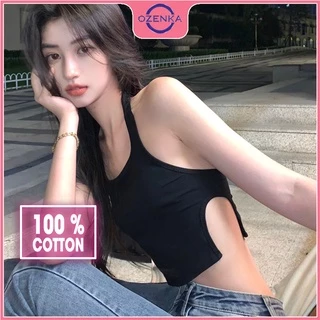 Áo ba lỗ nữ croptop ôm gợi cảm OZENKA , ao thun sát nách sẻ gấu hở lưng sang chảnh mặc đi chơi đi biển màu đen trắng