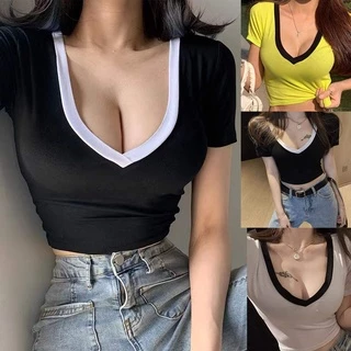 Áo Croptop Màu Sắc Cổ Chữ V Khoét Sâu Gợi Cảm Dành Cho Nữ