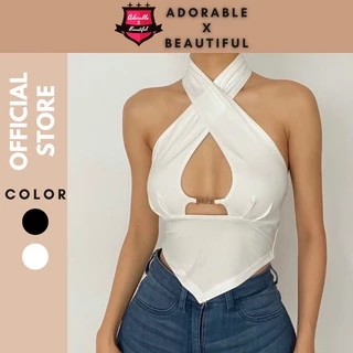 [Ảnh Thật] Áo Kiểu Croptop Chồng Cổ Hở Ngực, Áo Thun Trắng Đen Cut Out Họa Tiết Chữ [AdorablexBeautiful]