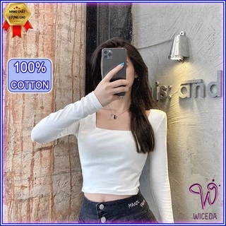 Áo croptop tay dài cổ vuông ôm body đẹp , áo thun kiểu xinh chất cotton mềm mịn 2 màu đen trắng Wiceda 311