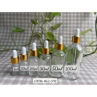 Chai thủy tinh đựng tinh dầu/serum nắp bóp nhỏ giọt 5ml/10ml/15ML/20ml/30ml/50ml/100ml THÂN TRONG khoen vàng -khoen đe