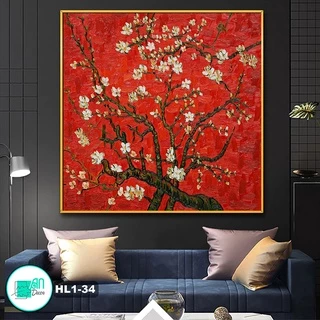 Tranh canvas treo tường khổ vuông hoa mai nền đỏ rực rỡ - 80 x 80 cm