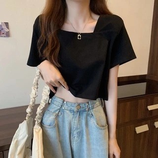 【WANG JIAO ZHAN】 Áo croptop thun ngắn tay đơn giản thời trang cho nữ【6782】