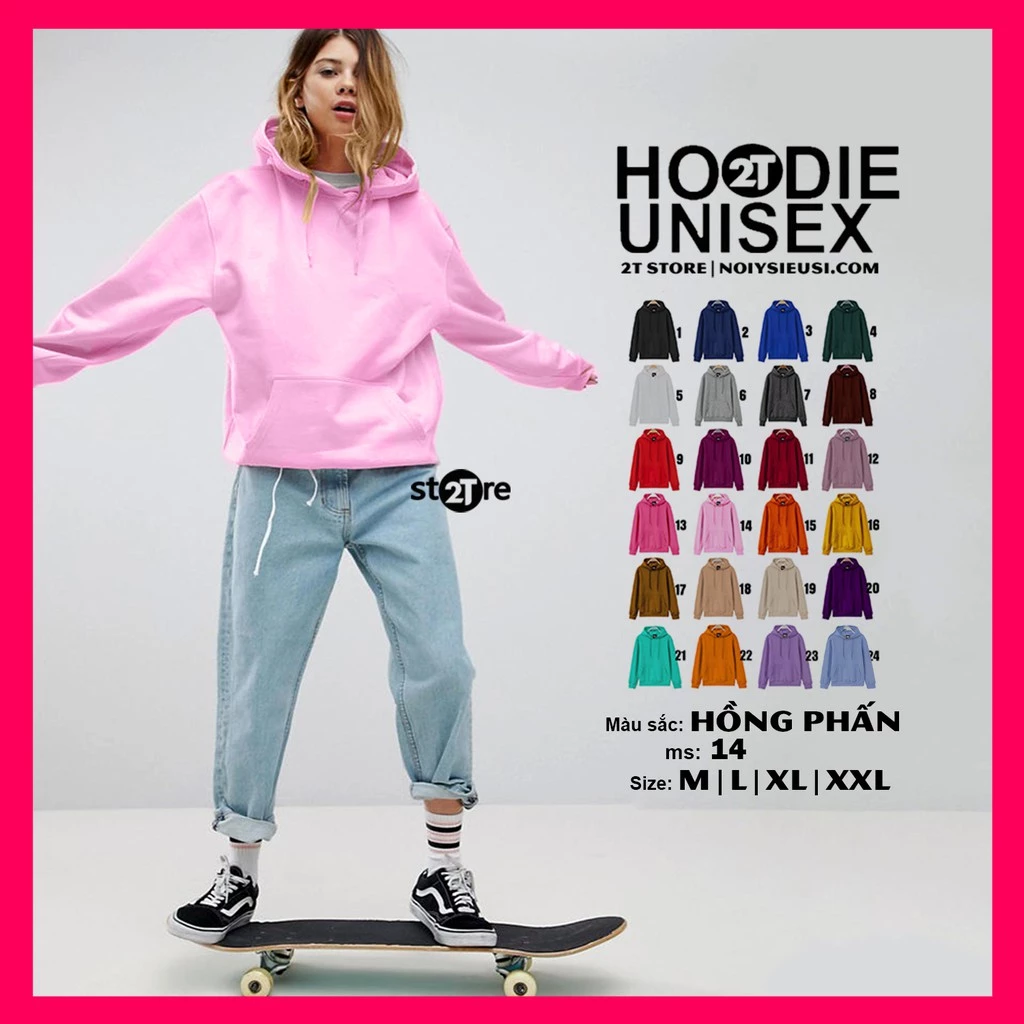 Áo hoodie unisex 2T Store H14 màu hồng phấn - Áo khoác nỉ chui đầu nón 2 lớp dày dặn đẹp chất lượng