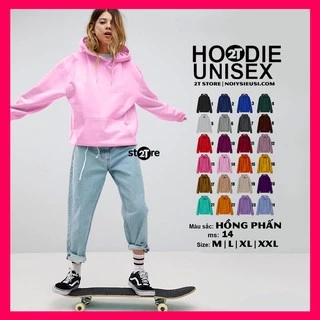 Áo hoodie unisex 2T Store H14 màu hồng phấn - Áo khoác nỉ chui đầu nón 2 lớp dày dặn đẹp chất lượng