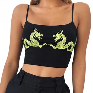 Phụ Nữ Thường Ngày Họa Tiết Rồng Crop Tops Mùa Hè Crop Gợi Cảm Chặt Hấp Dẫn Thể Hình Polyester Cổ Chữ U Thời Trang Không Tay Dây