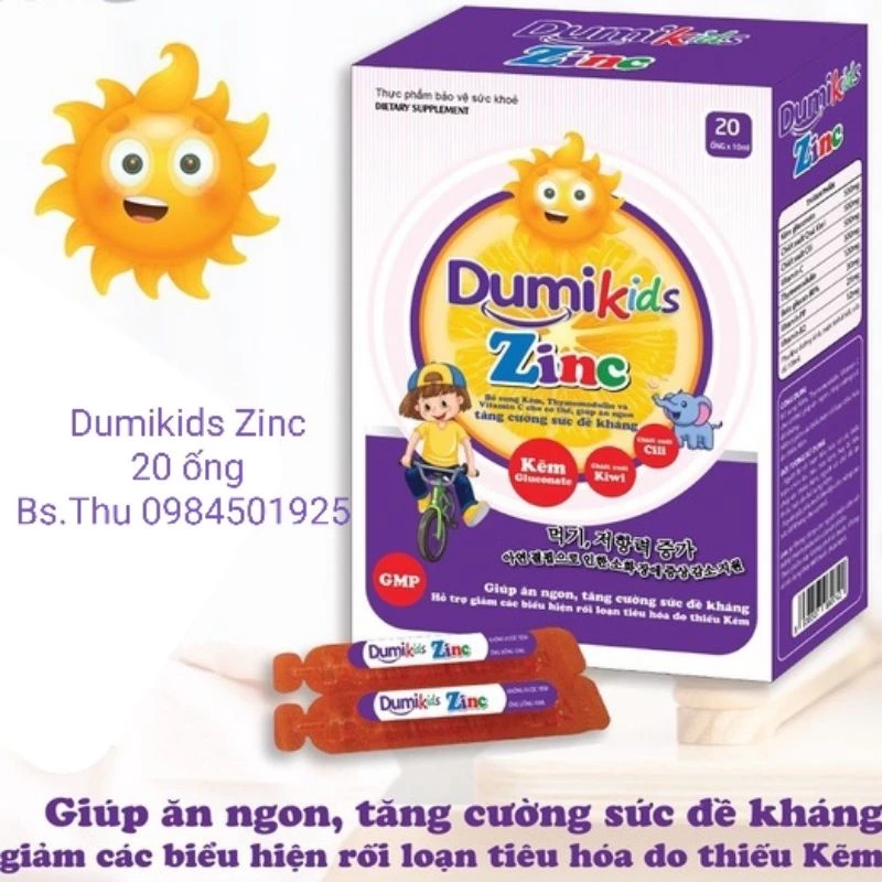 Dumikids Zinc hộp 20 ống bổ sung kẽm, Thymomodulin, vitamin C cho cơ thể hỗ trợ ăn ngon, tăng sức đề kháng