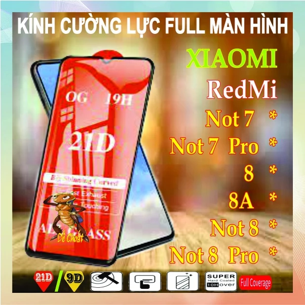 Mếng dán kính cường lực full màn hình, điện thoại xiaomi redmi not 7, not 7pro, redmi 8, 8a,  not 8, not 8pro.