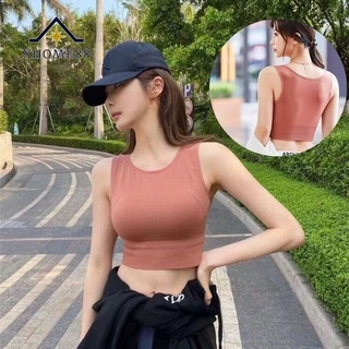 Áo croptop 3 lỗ cổ tròn có đệm ngực thun co giãn ôm người cực xinh