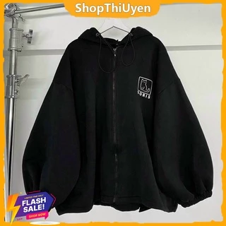 Áo khoác hoodie nỉ DORIS tay phồng dây khóa kéo màu đen đơn giản