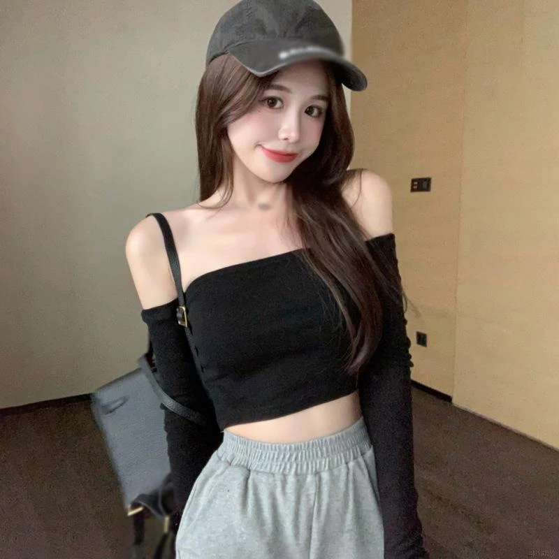 Áo crop top trễ vai màu trơn giản gợi cảm cho nữ