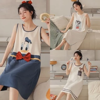 【Spot】Pajama Loose Sling Skirt Long Skirt Cotton Nightgown Wide Sleeveless Print Cartoon Pattern Summer Fashion For Women