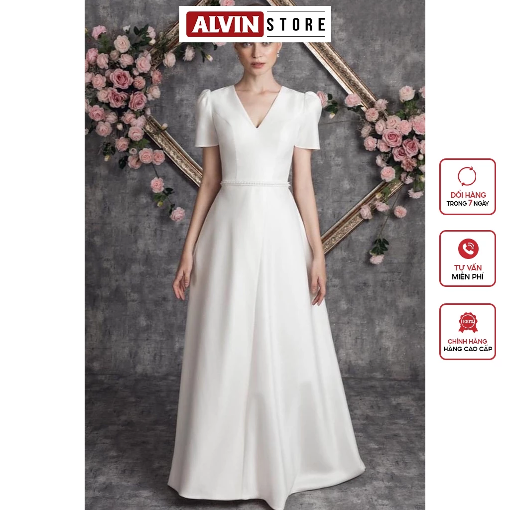 Đầm Dạ Hội Kiểu Xoè Tay Con Cổ V Eo Đính Ngọc Alvin Store 0901