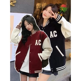 Áo Khoác bomber phối tay chữ AC .ÁO  nỉ nữ  form rộng chữ AC unisex bóng chày