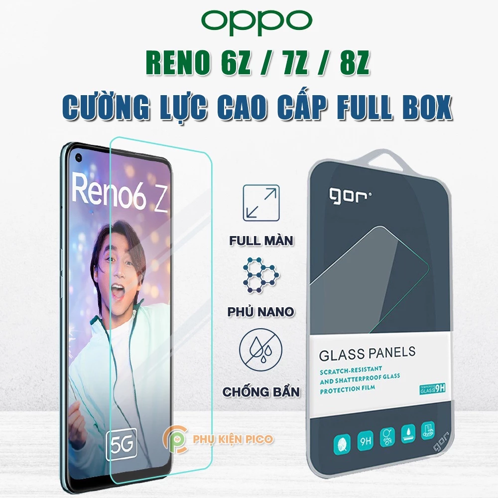 Cường lực Reno 6Z 5G / Reno 7Z / Reno 8 Lite full màn hình chính hãng Gor độ cứng 9H - Dán màn hình Oppo Reno 6Z 5G