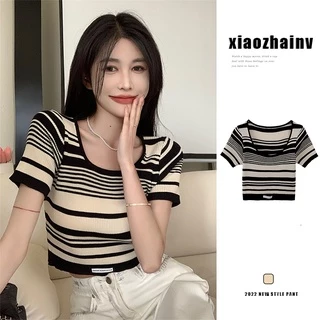 Xiaozhainv Áo Croptop Dệt Kim Tay Ngắn Cổ Vuông Họa Tiết Kẻ Sọc Thời Trang Mùa Hè Quyến Rũ Cho Nữ