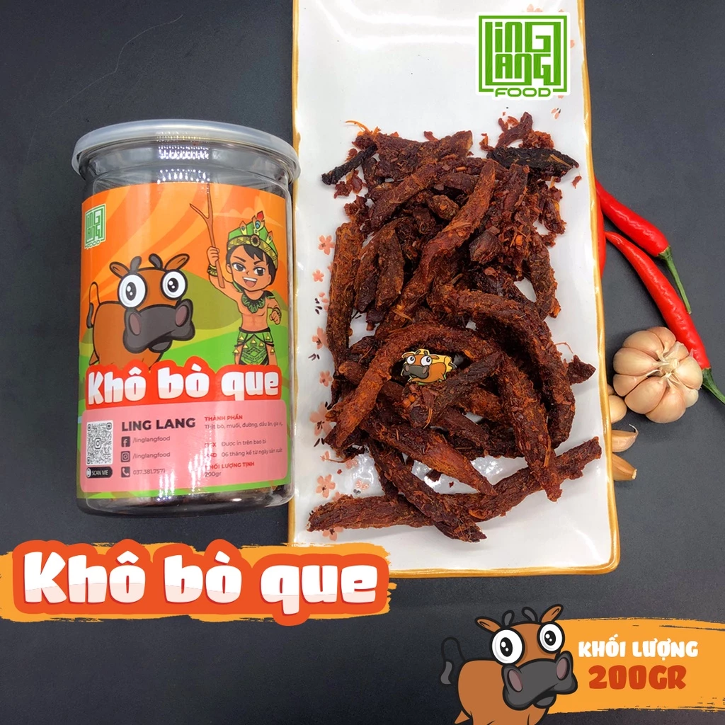 Khô bò que , thịt bò khô siêu ngon Ling Lang Food, bò khô que cay hũ 200g