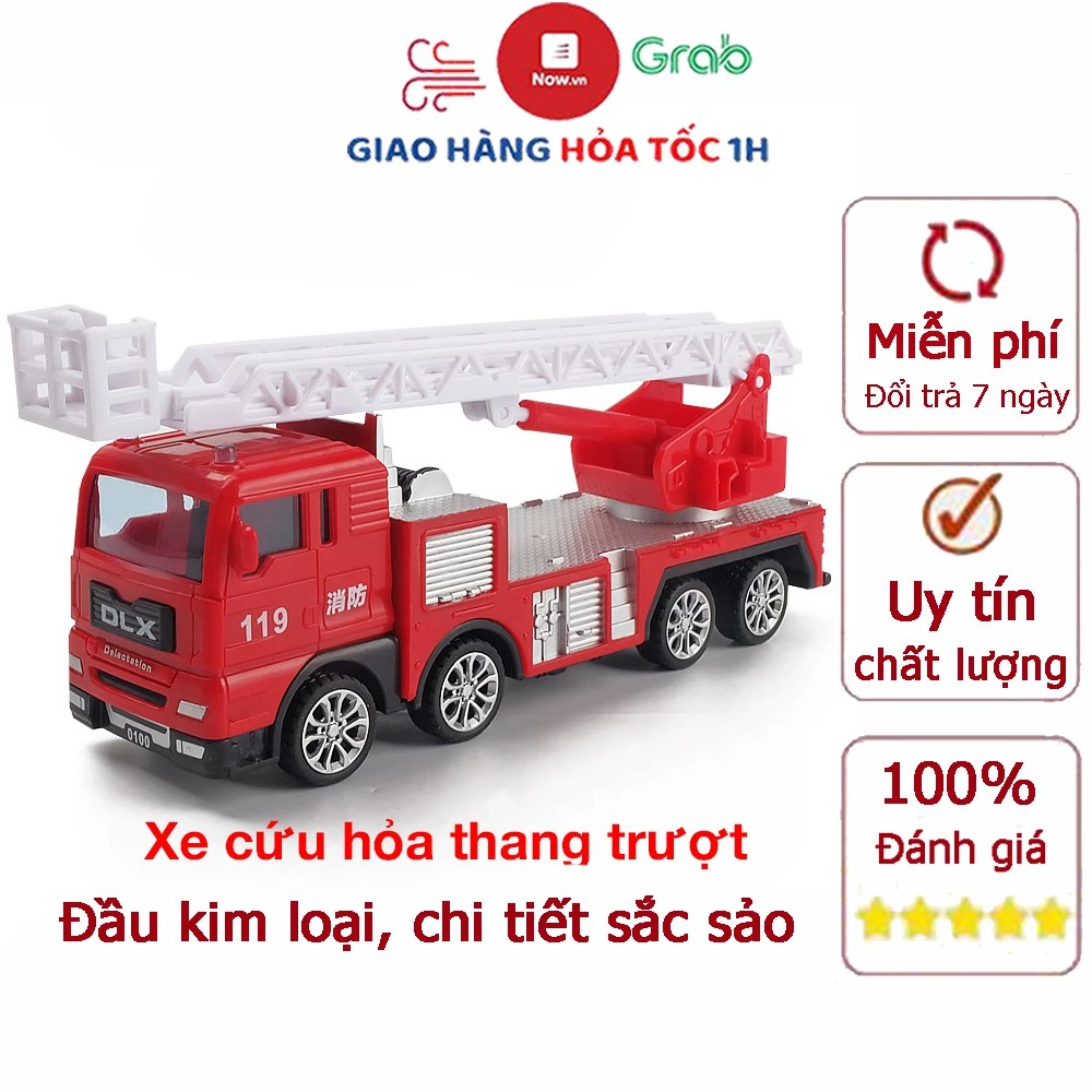 Đồ chơi mô hình xe cứu hỏa thang trượt chạy đà, đầu bằng kim loại chi tiết sắc sảo các khớp chuyển động