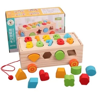 (Sỉ, Loại cao cấp mịn) Xe Kéo Thả Số Và Hình Khối, Đồ chơi Gỗ Thông Minh Cho Bé montessori