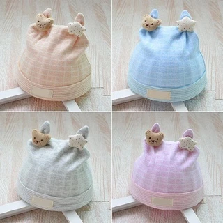 Mũ Beanie Cotton Mềm Thoáng Khí In Hình Gấu Hoạt Hình Dễ Thương Cho Bé Sơ Sinh 0-3 Tháng