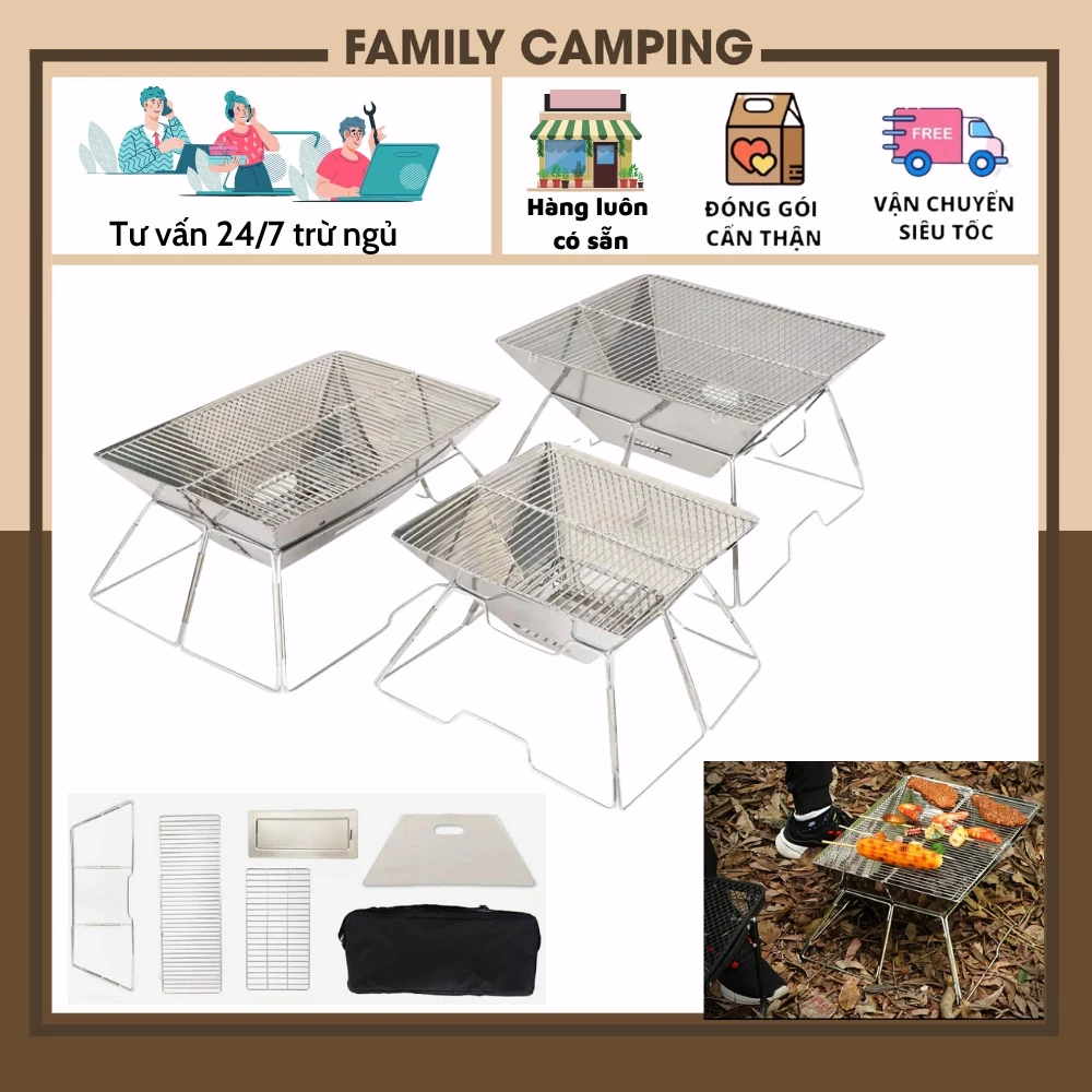 Bếp nướng than hoa dã ngoại ngoài trời bếp nướng INOX di động gấp gọn nướng thịt siêu ngon bếp cắm trại dã ngoại 3-5ng