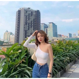 Áo thun croptop tay dài 1 tay lệch vai