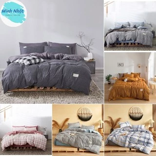 Bộ chăn ga gối Cotton Tici kẻ Minh Nhật - vỏ chăn mền, drap giường và 2 vỏ gối