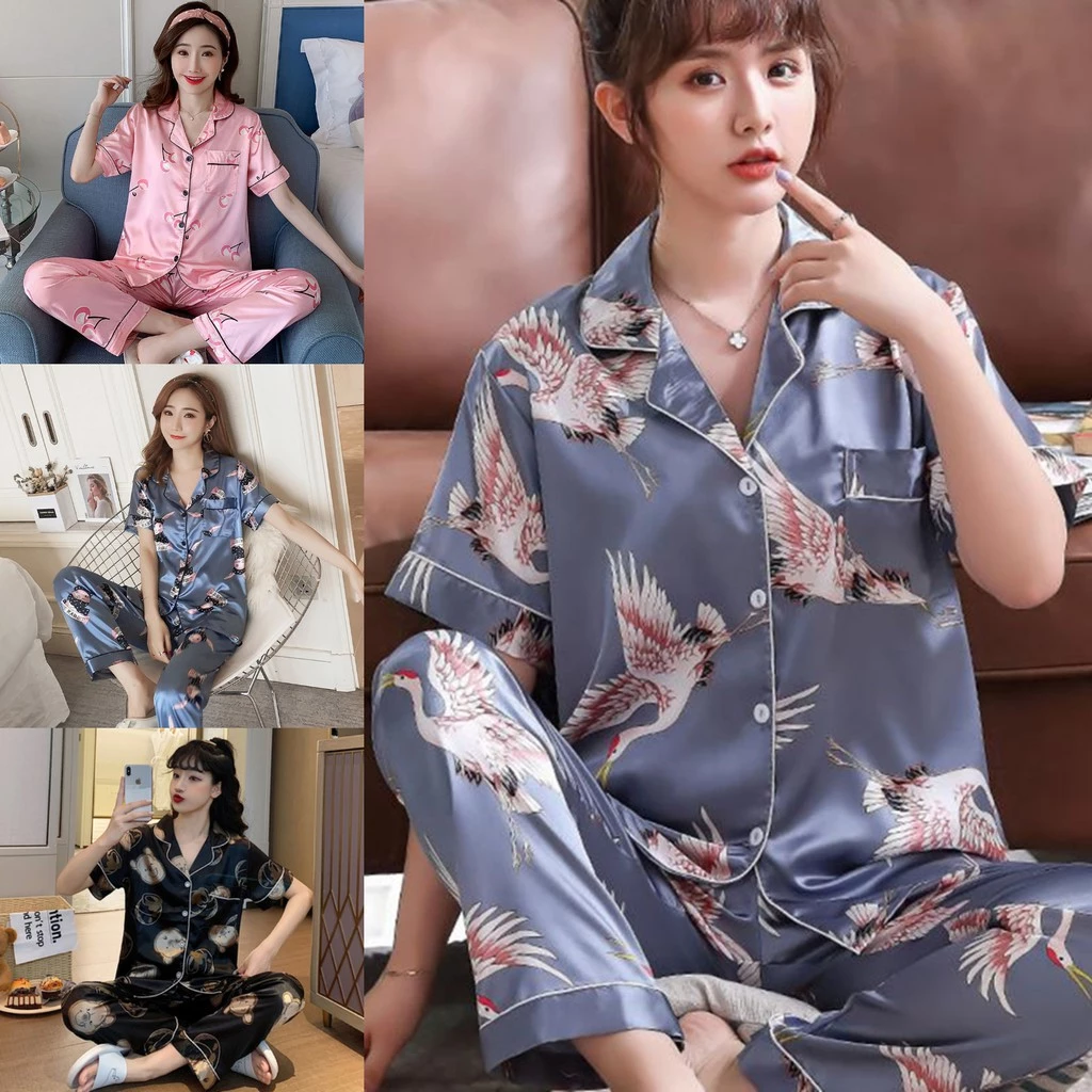 Bộ Đồ Ngủ 2 Món Bằng Lụa Satin Tay Ngắn In Hình Động Vật Plus Size M-5XL Dành Cho Nữ