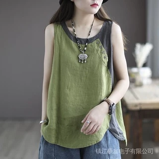 Áo Sát Nách 100% Cotton Nguyên Chất 2022 Dáng Rộng Không Tay Trang Trí Nút Áo Bất Đối Xứng Hàng Mới Dành Cho Nữ