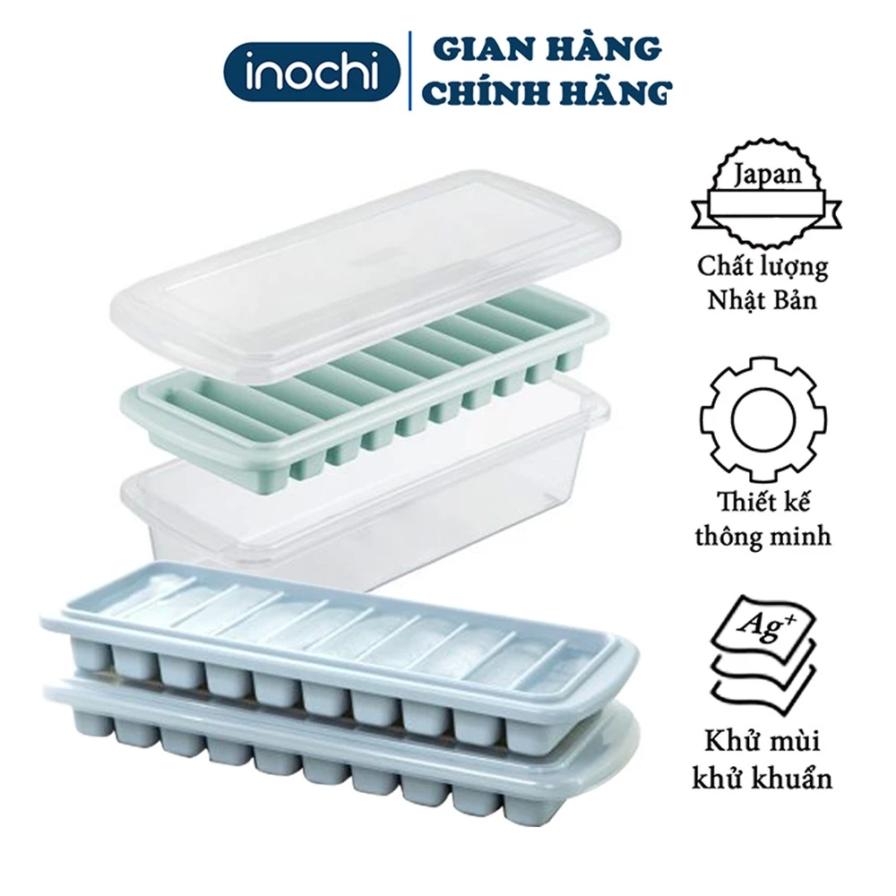 Khay đá - vỉ làm đá tủ lạnh khay 10 thanh có nắp đậy bằng nhựa nguyên sinh karu inochi Nhật Bản