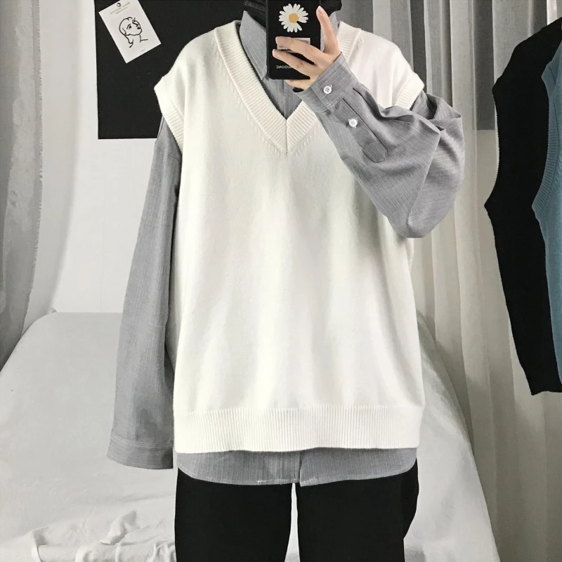 Áo Sweater Không Tay Cổ Chữ V Dáng Rộng Màu Trơn Thời Trang Đơn Giản Phong Cách Hàn Quốc Thanh Lịch Dễ Phối Cho Nam